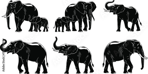 Elephant silhouette collection featuring adult and baby elephants in various poses, wildlife safari animal set in detailed minimal vector illustration style