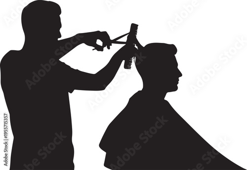 A barber cutting hair with traditional scissors and comb over a client's shoulder.