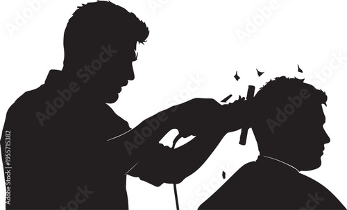 A barber giving a haircut to a customer in a stylish salon setting silhouette.