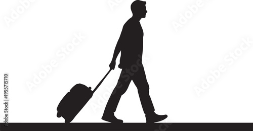 Person walking with a wheeled suitcase in silhouette