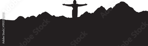Silhouette of a person standing triumphantly atop a mountain range silhouette
