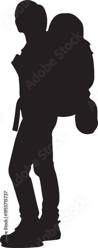 Silhouette of a hiker carrying a large backpack on a journey