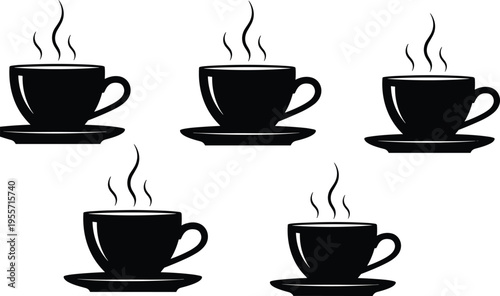 Five black steaming coffee cups on saucers black silhouettes steaming hot white background