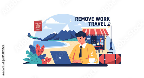 A man works on his laptop on a beach with a suitcase and a coffee cup, symbolizing remote work and travel.