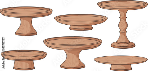 Wooden Cake Stand Vector Set Featuring Rustic Pedestal Display Plates for Bakery Presentation, Dessert Serving, Food Photography, and Kitchen Decor Design