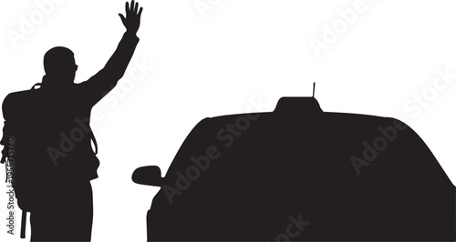 Silhouette of a person waving near a parked car in the evening