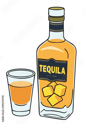 Tequila bottle and shot glass with orange liquor