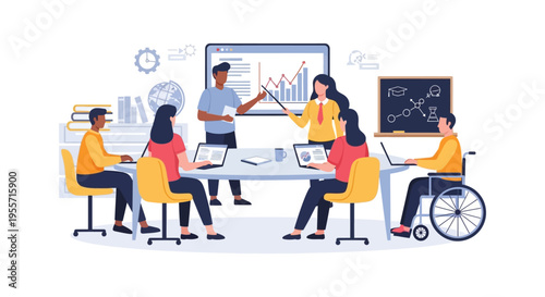 Diverse Team Presentation: Business Meeting, Data Analysis, and Inclusive Professional Education and Training