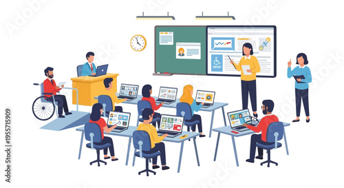 Inclusive Corporate Training Classroom Illustration. Diverse Students Learning, Accessibility Ramp, Teacher Presentation, E-Learning Environment.