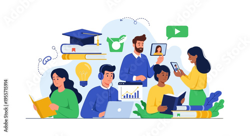 Modern Education E-learning Concept. Diverse Students Studying Online, Reading Books, Using Laptops and Video Courses in a Blended Learning Environment.