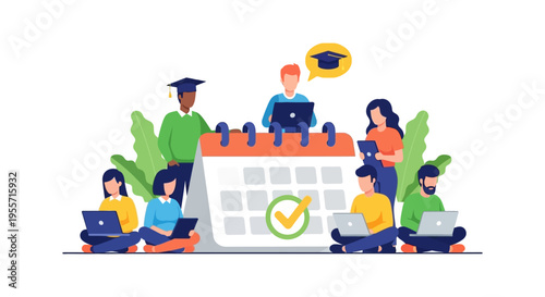 Online Education Schedule Planning. Diverse Students Studying with Laptops Near a Calendar with a Checkmark, Representing Successful Enrollment or Course Completion.