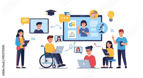 E-Learning Concept: Diverse Students and Teachers Interacting in a Virtual Online Education Class via Video Conference.