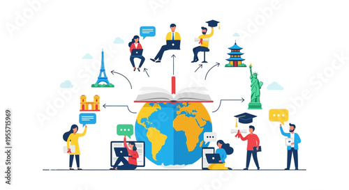 Global Online Education and Study Abroad Concept. Diverse students connect worldwide for distance learning and knowledge exchange.