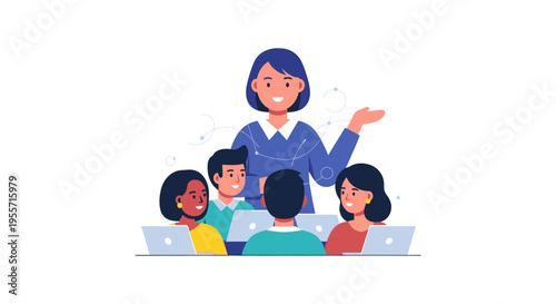 Online Education and Training Vector. Female Teacher Mentor Leads Diverse Group of Students in E-learning Class, Collaborative Business Workshop.