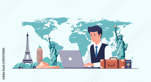 A man working on a laptop with a world map and famous travel landmarks like the Eiffel Tower and Statue of Liberty, symbolizing global travel and business.