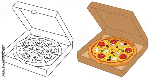 Pizza illustrates a delicious takeout meal inside an open cardboard delivery container