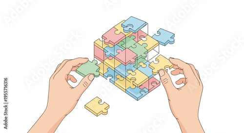 Hands holding puzzle pieces together.