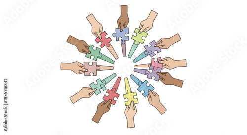 Diverse hands holding puzzle pieces together.