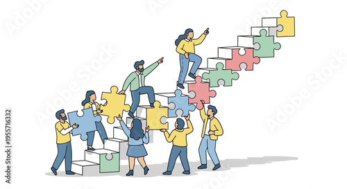 People working together with puzzle pieces.