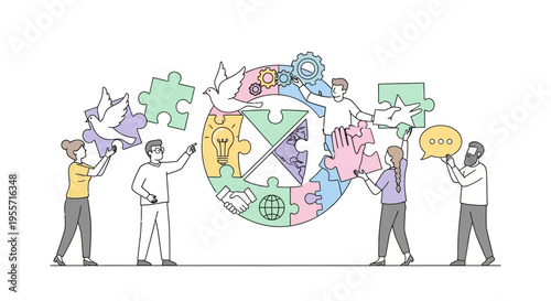 People working together on puzzle pieces.