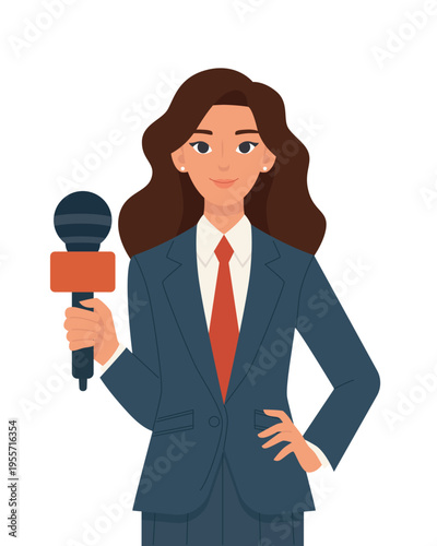 Confident Female News Reporter in Business Suit Holding Microphone for Interview and Live Broadcast