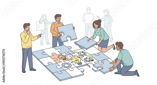 People working on jigsaw puzzle pieces.