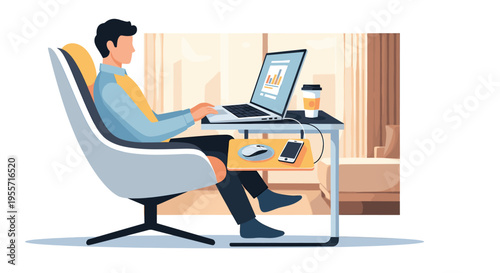 A man comfortably working on a laptop from a modern ergonomic chair with a side table holding coffee and a smartphone.