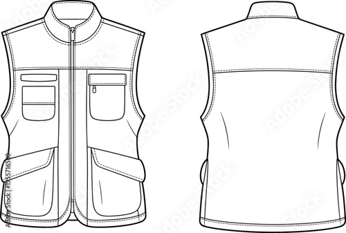 Technical flat sketch vector illustration of a hiking or safari vest with stand collar, zip front, and multiple pockets, front and back view for outdoor apparel design and garment templates.