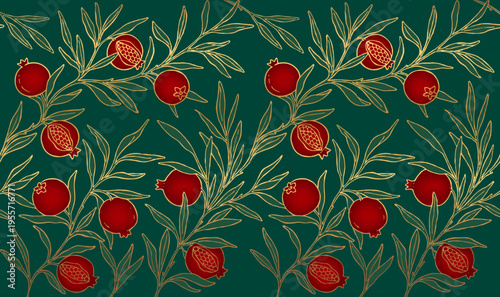 Horizontal seamless background with branches of pomegranates on green. Vector Illustration.