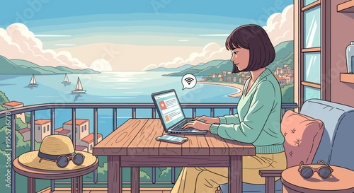 Woman working remotely on a laptop from a balcony with a stunning ocean and coastal town view, enjoying the scenic Mediterranean landscape.