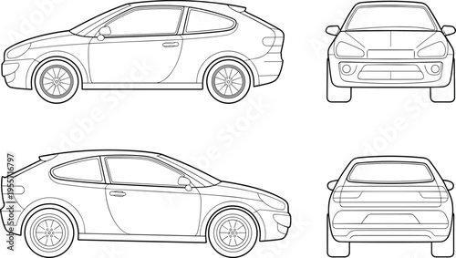 Technical flat drawing of a modern hatchback coupe car from side, front, and rear views, vector illustration for vehicle design, engineering blueprints, and automotive industry concepts.