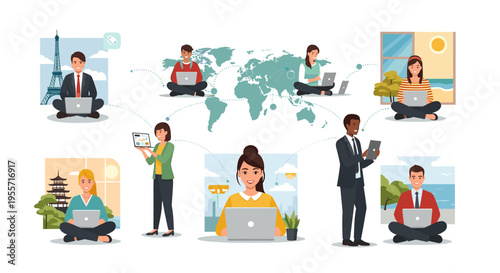 Diverse people from around the world working remotely with laptops and tablets, connected globally.