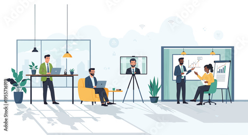 A modern office environment depicting various business activities including remote work, presentations, and individual tasks, highlighting collaboration and technology.
