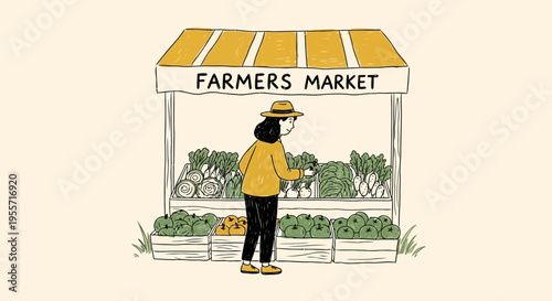 Hand-drawn illustration of a woman shopping at a local farmer's market stall filled with fresh organic vegetables. Sustainable local food shopping concept.