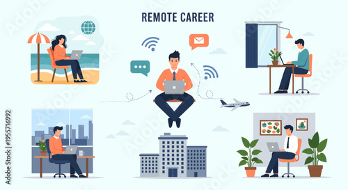 Illustration depicting various remote career scenarios, including working from the beach, a home office, and a co-working space, emphasizing flexibility and connectivity.
