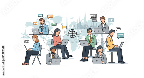 Diverse group of professionals collaborating remotely using laptops and digital communication tools, illustrating global connectivity and teamwork.