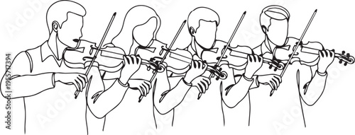 Four musicians playing violins in a synchronized ensemble performance