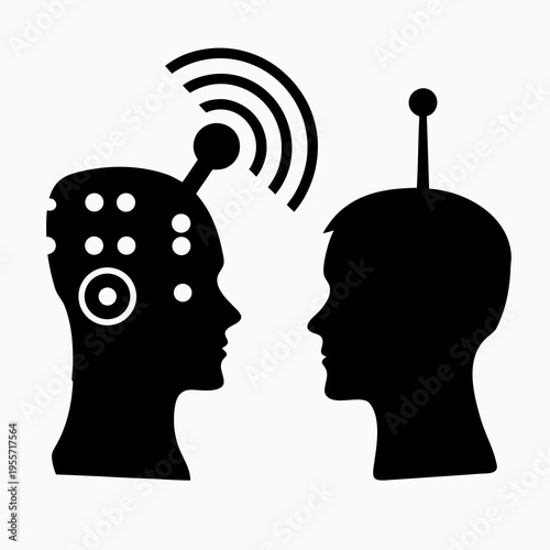 A vector graphic illustration of two human heads in silhouette with a robotic and a normal head communicating wirelessly