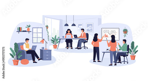 Diverse team collaborating in a modern office space with different work zones and plants.