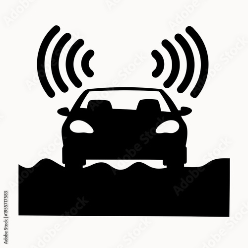 A black silhouette of a car with sound waves emanating from it on a white background