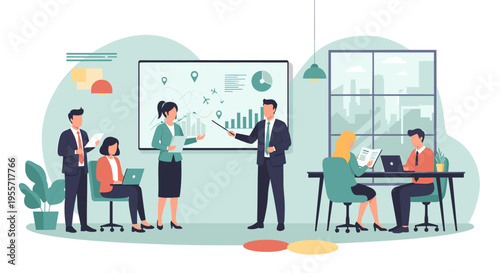 A diverse group of professionals engaged in a dynamic business meeting, with a presenter explaining charts on a whiteboard to attentive colleagues.