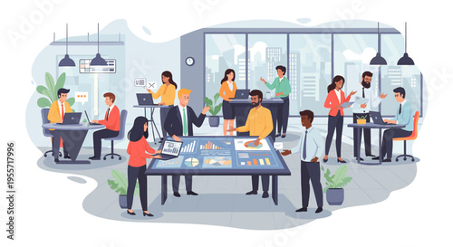 Diverse group of professionals collaborating in a modern, open-plan office with interactive technology.