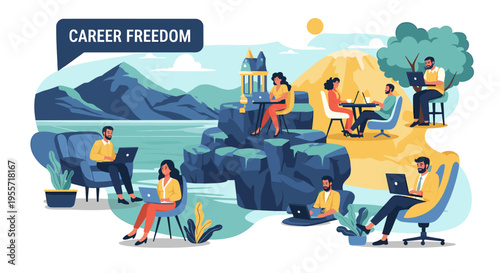 Diverse group of people working remotely in various scenic outdoor and indoor locations, embracing career freedom and flexibility.