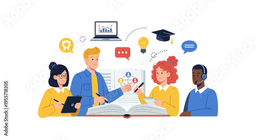 Online Education and Team Training Illustration. Group Learning, Mentorship, and Knowledge Transfer with Digital Icons on White Background.