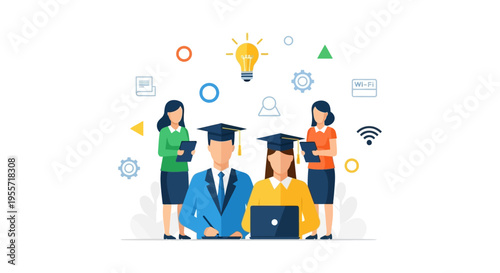 Graduation and E-Learning Success: Students in Graduation Caps Use Laptop for Digital Education, Mentorship, and Skill Development.