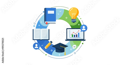 E-Learning and Knowledge Cycle Diagram. Online Education, Personal Development, and Digital Academic Success Illustration.