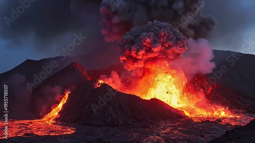 Volcanic Eruption with Molten Lava Flowing Downhill and Ash Cloud Billowing into Dark Sky at Night