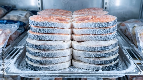 Frozen fish steaks stacked on a metal tray