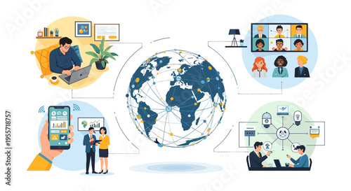 Illustration depicting global connectivity, remote work, online meetings, and business collaboration facilitated by digital technology and communication networks.