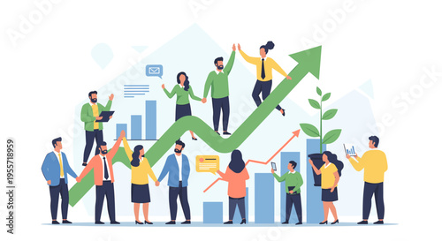 Diverse business team celebrating success and growth with upward trending graphs and arrows.